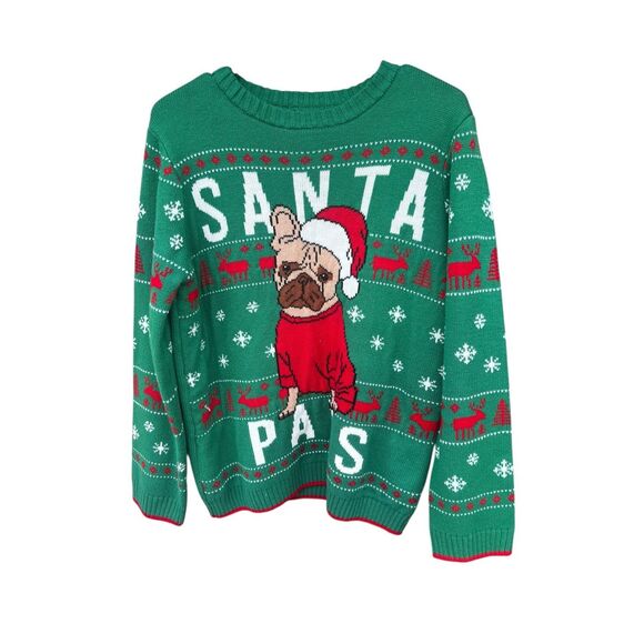 Holiday Time Other - Holiday Time pug bulldog Boys XXL 18 Christmas Sweater Clover Green ugly festive
